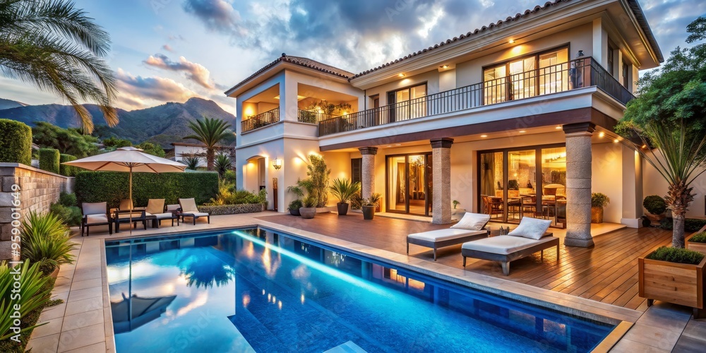 Fototapeta premium Luxury Villa with Pool and Patio at Dusk, Villa, Pool, Patio, Luxury, Sunset, Outdoor Living
