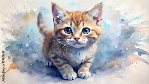 Adorable striped kitten illustration in watercolor style with big blue eyes

