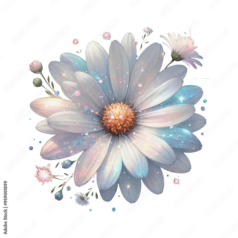 Obraz premium White flower daisy shiny sparkling clip art transparent background, floral cutout png