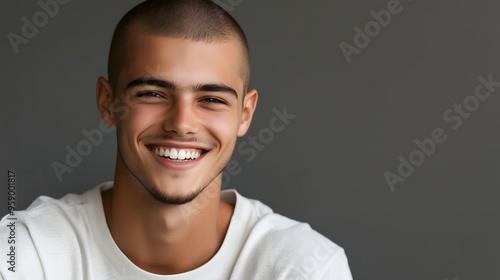 Portrait of handsome smiling confident young man with buzzcut against gray background, copy space photo