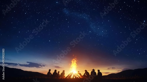 A serene campfire scene under a starry sky, where people gather around flames, sharing stories and creating memories in nature.