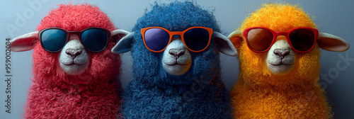 Three sheep, one pink, one blue, one yellow, all wearing sunglasses, look at the camera. photo