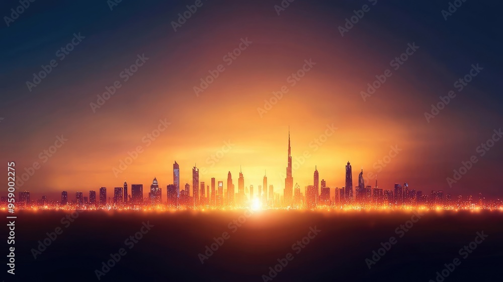 Stunning city skyline at sunset with bright orange and purple hues illuminating the horizon and towering skyscrapers. Stunning city skyline at sunset with bright orange and purple hues illuminating the horizon and towering skyscrapers.