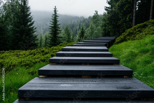 Tranquil Wooden Staircase in Misty Forest Landscape Capturing Serene Nature and Greenery