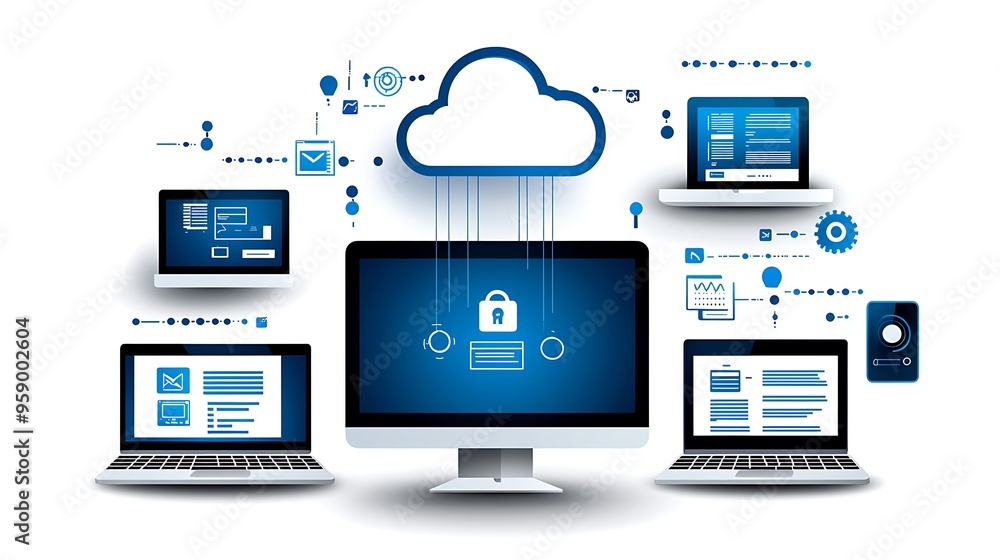 Doodle style visual of various devices connected by digital files flowing into the cloud with eco-friendly symbols illustrating the benefits of paperless organization Doodle style visual of various devices connected by digital files flowing into the cloud with eco-friendly symbols illustrating the benefits of paperless organization