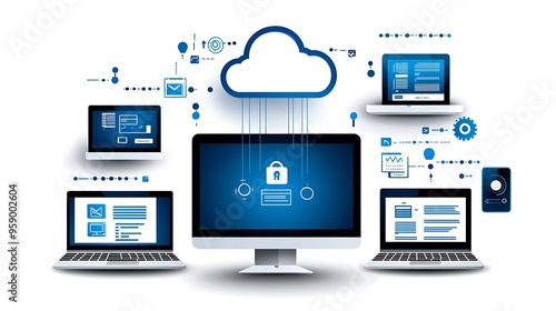 Doodle style visual of various devices connected by digital files flowing into the cloud with eco-friendly symbols illustrating the benefits of paperless organization