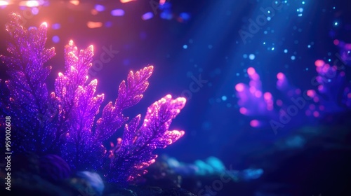 Vibrant underwater scene featuring glowing coral, illuminated by soft light, showcasing the beauty of marine life and ecosystems.