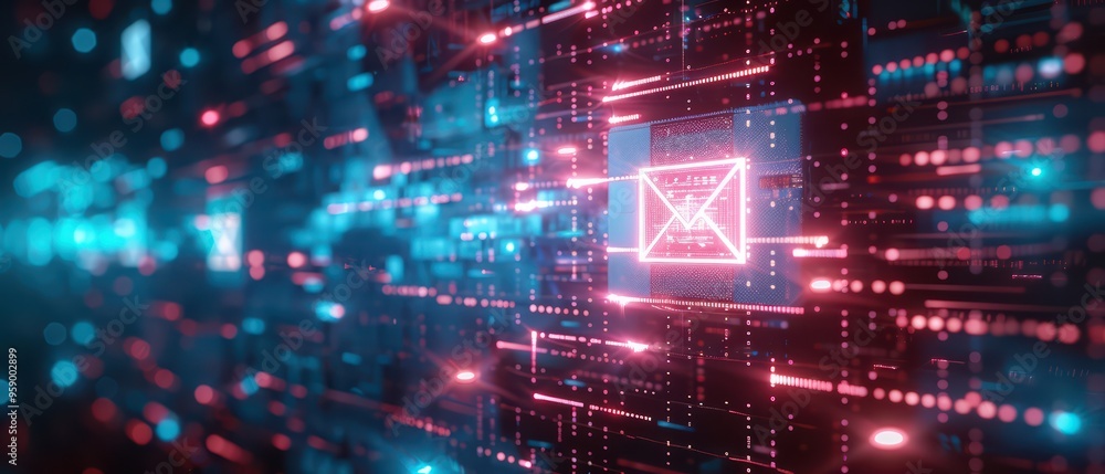 Vibrant digital abstract with glowing lines and shapes, representing technology and innovation in a futuristic environment. Vibrant digital abstract with glowing lines and shapes, representing technology and innovation in a futuristic environment.