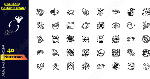 Nutrition Editable Stroke Icon Set. Includes icons for obesity, calorie counting, healthy food, palm oil-free products, probiotics, and more. This collection features editable outline icons focused on
