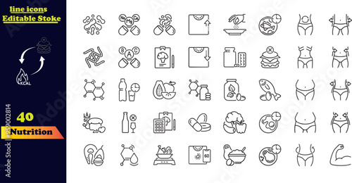 Nutrition Editable Stroke Icon Set. Includes icons for obesity, calorie counting, healthy food, palm oil-free products, probiotics, and more. This collection features editable outline icons focused on