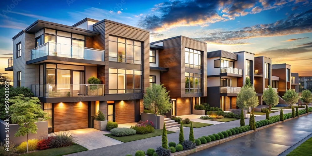 Obraz premium Modern Townhouse Complex at Sunset, 3D Rendering, Architecture, Interior Design, Contemporary, townhouses, sunset
