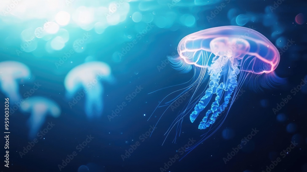 Naklejka premium A stunning jellyfish glows gracefully in clear water, showcasing its vibrant colors and delicate tentacles in an underwater scene.