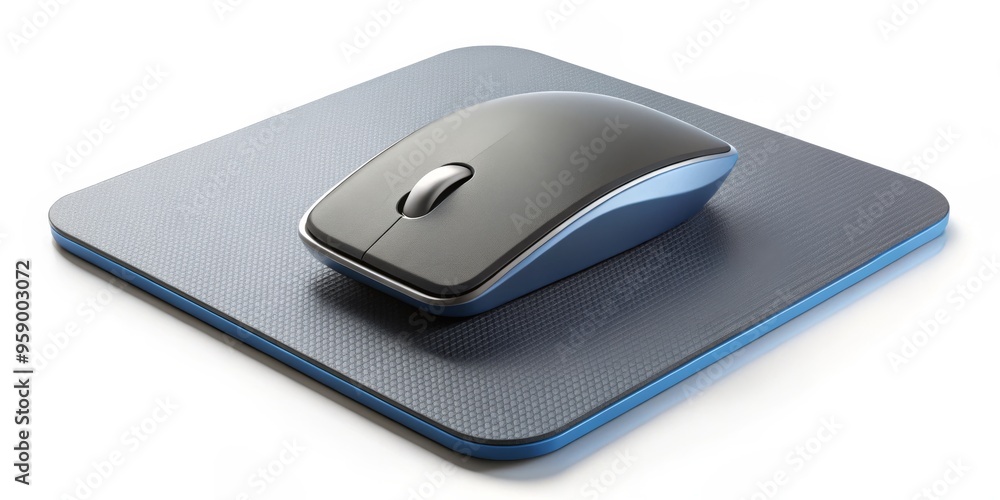 Modern Wireless Mouse on Blue Pad, 3D Illustration, White Background, Mouse, Pad, Computer Modern Wireless Mouse on Blue Pad, 3D Illustration, White Background, Mouse, Pad, Computer
