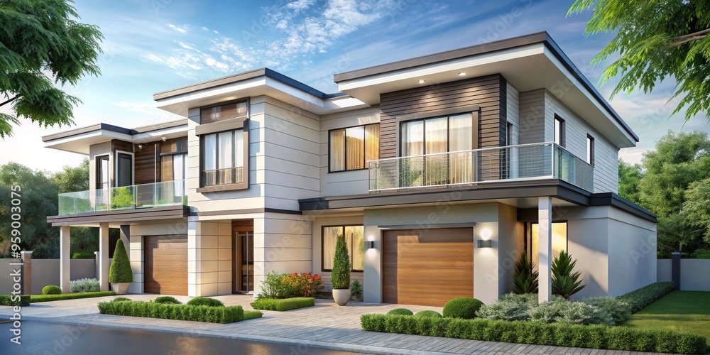 Modern Two-Story House with Glass Balcony and Lush Greenery, 3D Rendering, Exterior Design, Residential Architecture, Modern Home ,architecture ,design Modern Two-Story House with Glass Balcony and Lush Greenery, 3D Rendering, Exterior Design, Residential Architecture, Modern Home ,architecture ,design
