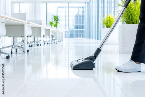 Wallpaper Mural A cleaner vacuuming a pristine, modern office with white floors and sleek furniture Torontodigital.ca