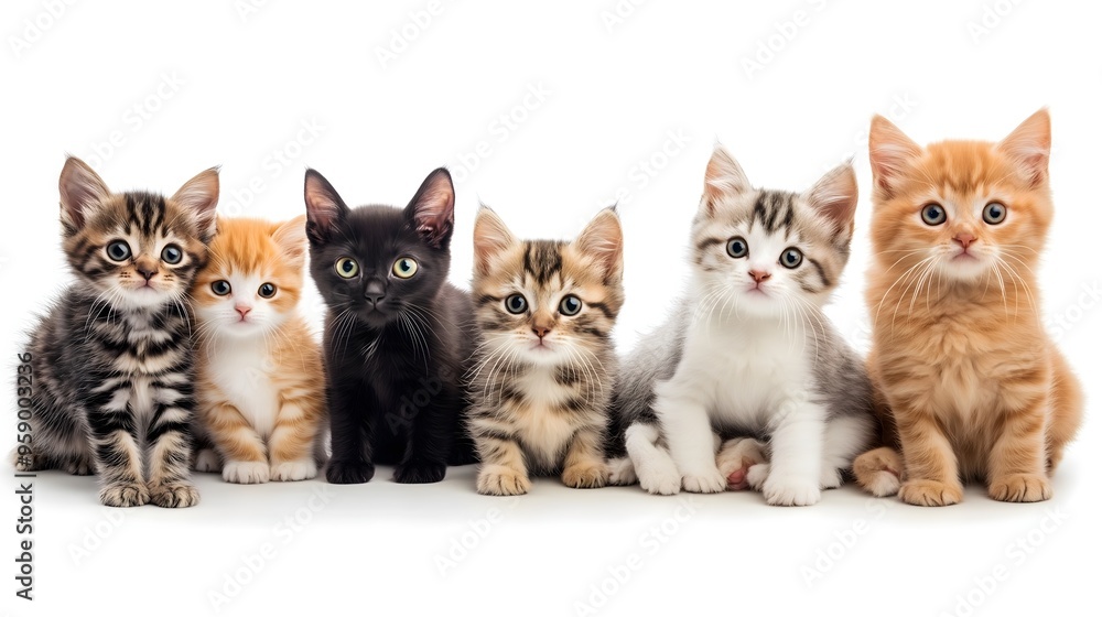 Group of adorable kittens of different breeds and colors sitting together in a row, copy space Group of adorable kittens of different breeds and colors sitting together in a row, copy space