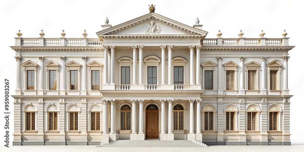 Obraz premium Neoclassical Palace Facade - Architectural Render, 3D model, white background, classical architecture, palace, building, facade