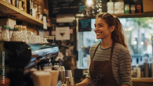 Smiling female barista preparing coffee at espresso machine in cozy cafe, copy space