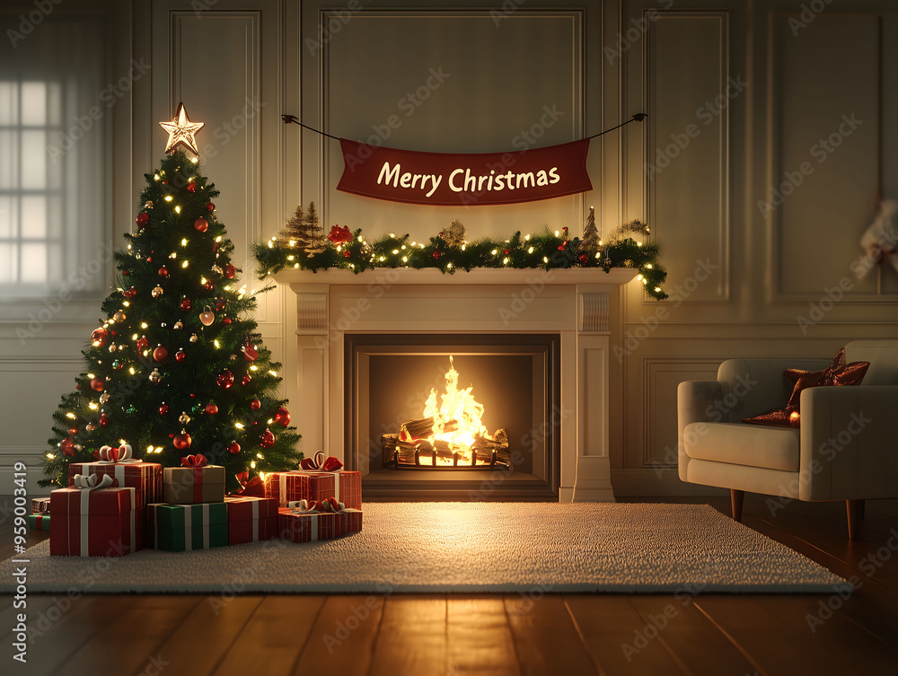 A beautifully decorated Christmas tree stands in a cozy living room, surrounded by colorful gifts and a warm fireplace, creating a festive atmosphere. A beautifully decorated Christmas tree stands in a cozy living room, surrounded by colorful gifts and a warm fireplace, creating a festive atmosphere.
