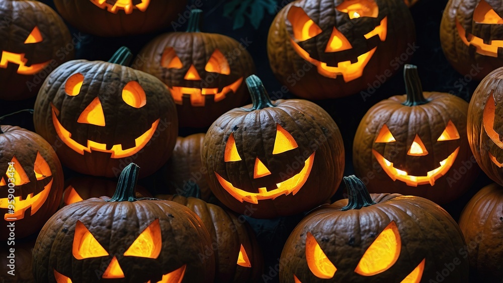 Festively carved pumpkins lit up at night create a spooky atmosphere during the Halloween season in a garden Festively carved pumpkins lit up at night create a spooky atmosphere during the Halloween season in a garden