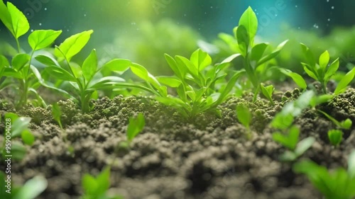 Sunrise over a field of young green plants, Organic growing crops on defocused bokkeh background with morning sun shinung over agricultural field, loop animation video photo