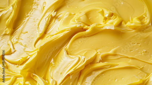 A Close-up view of creamy yellow butter spread across a surface,background. Texture of fresh butter on a sandwich. photo