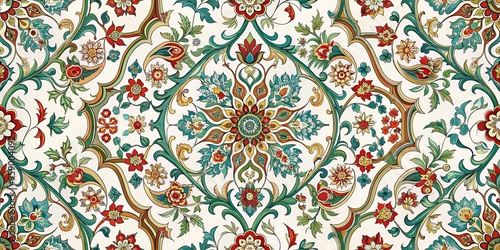 Ornate Floral Pattern in Green and Red Hues, Seamless Design, Traditional Islamic Art, White Background, Floral Motifs, Symmetry, Islamic Pattern
