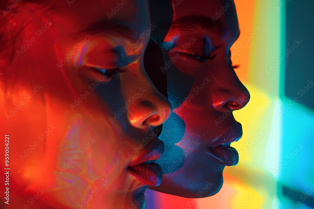 A mesmerizing portrait of two Black women with artistic light reflections highlighting their profiles, showcasing vibrant colors and intricate details. A mesmerizing portrait of two Black women with artistic light reflections highlighting their profiles, showcasing vibrant colors and intricate details.
