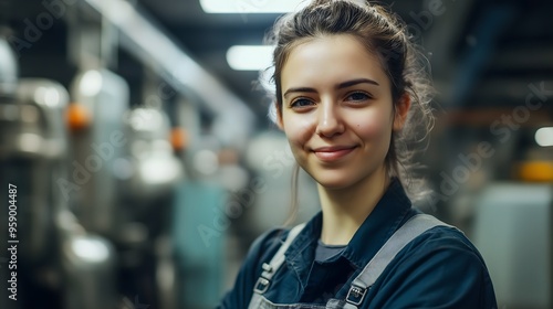 Smiling young female mechanic in workshop as portrait of confident woman in male-dominated profession, Copy Space