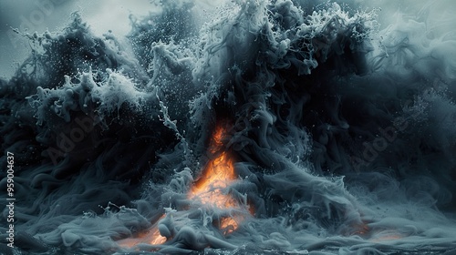 A fiery eruption through a swirling mass of smoke and water.