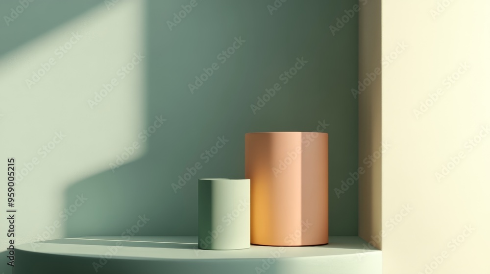 Minimalist arrangement of cylindrical vases in soft pastel colors, casting gentle shadows on a smooth surface. Minimalist arrangement of cylindrical vases in soft pastel colors, casting gentle shadows on a smooth surface.