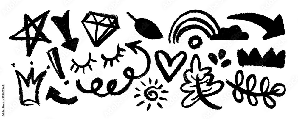 Obraz premium Collection of brush drawn symbols: heart, star, arrows, eyes, tcrown, leaves, swirls and dots with dry brush texture. Exclamation and question marks. Bold graffiti style shapes. 