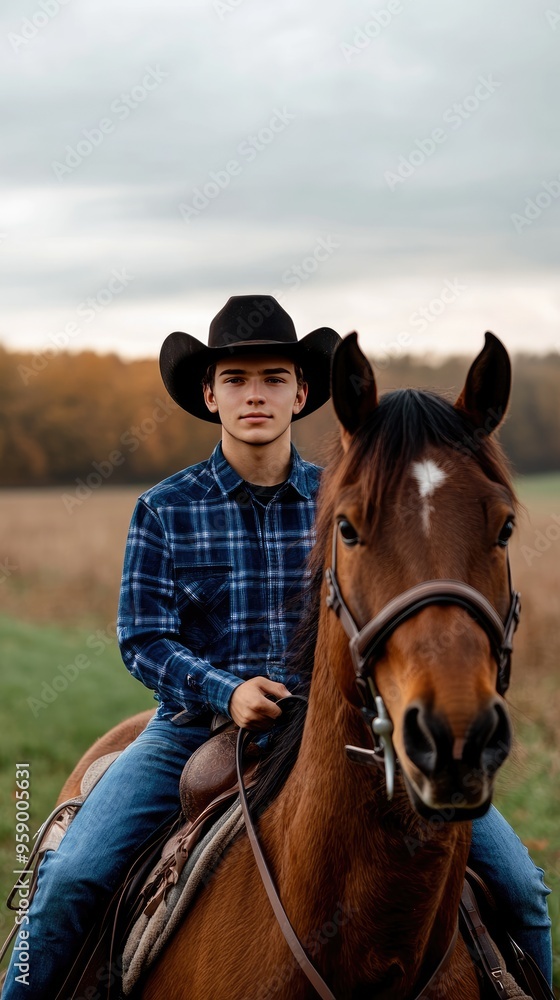 A young man wearing a plaid shirt and cowboy hat rides a brown horse, holding its bridle while enjoying the serene countryside surroundings A young man wearing a plaid shirt and cowboy hat rides a brown horse, holding its bridle while enjoying the serene countryside surroundings