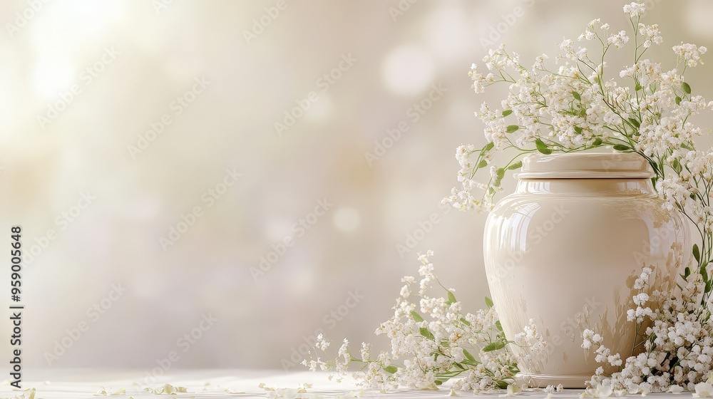 Fototapeta premium A serene white urn surrounded by delicate flowers in a softly lit indoor space