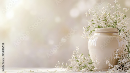 A serene white urn surrounded by delicate flowers in a softly lit indoor space #959005648