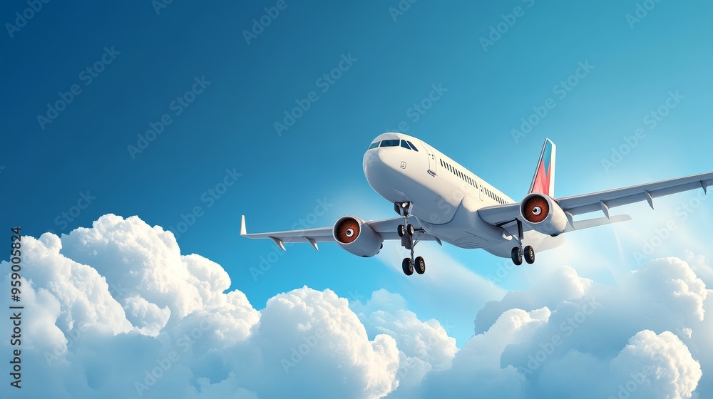 Fototapeta premium A commercial airplane flying through a bright blue sky with fluffy clouds, representing travel and freedom.