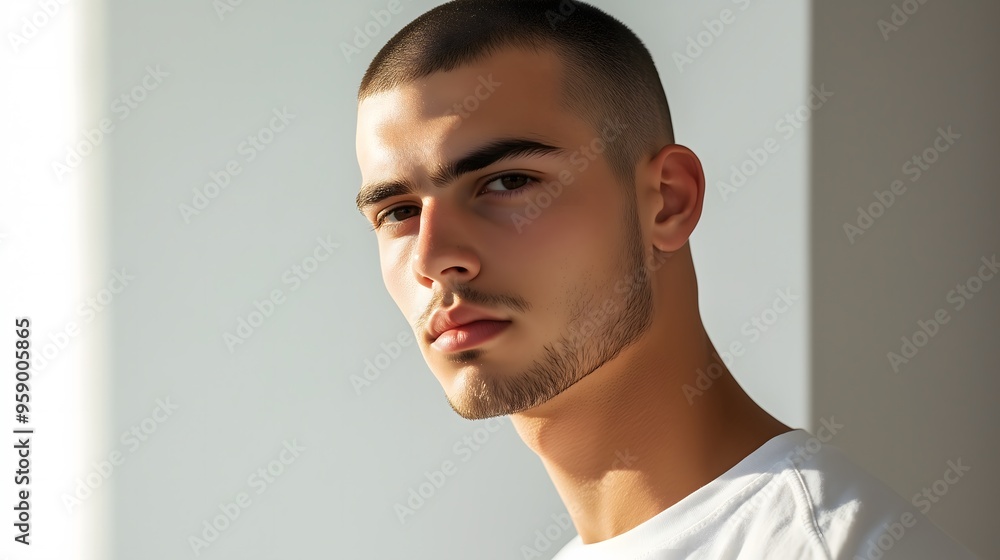 Young handsome man with short dark hair and serious expression in white t-shirt against light background, copy space Young handsome man with short dark hair and serious expression in white t-shirt against light background, copy space