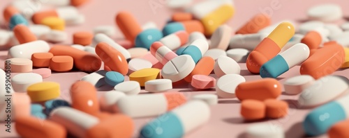 A colorful assortment of pills and capsules scattered on a pink surface, highlighting the variety in medications and supplements. photo