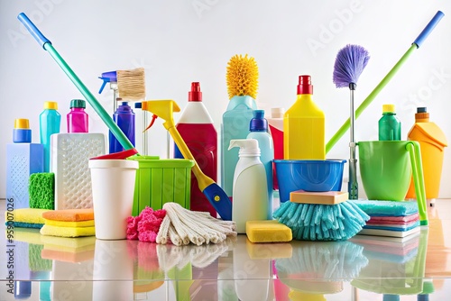 Sparkling clean floors and surfaces surround a colorful array of cleaning supplies on a modern white background, perfect for promoting professional cleaning services. photo