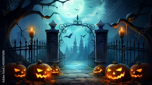 Halloween concept with graveyard gates and many scary pumpkins at midnight. Neural network ai generated art photo