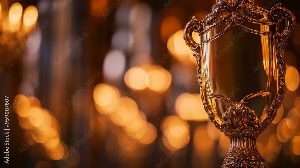 A golden trophy stands tall, illuminated by a warm glow of lights. The trophy symbolizes success, achievement, and victory. A golden trophy stands tall, illuminated by a warm glow of lights. The trophy symbolizes success, achievement, and victory.