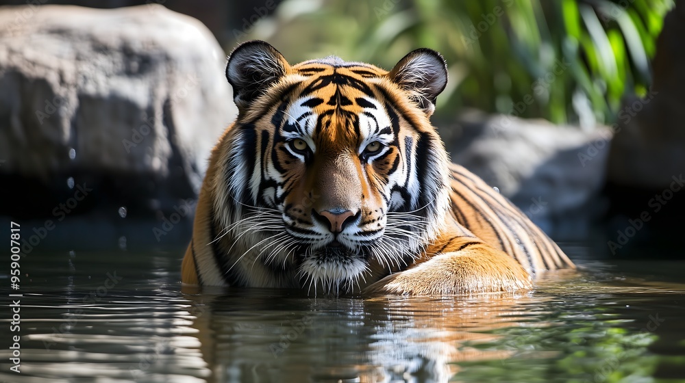 Bengal tiger cooling off in calm water with intense gaze, surrounded by rocks and lush vegetation Bengal tiger cooling off in calm water with intense gaze, surrounded by rocks and lush vegetation
