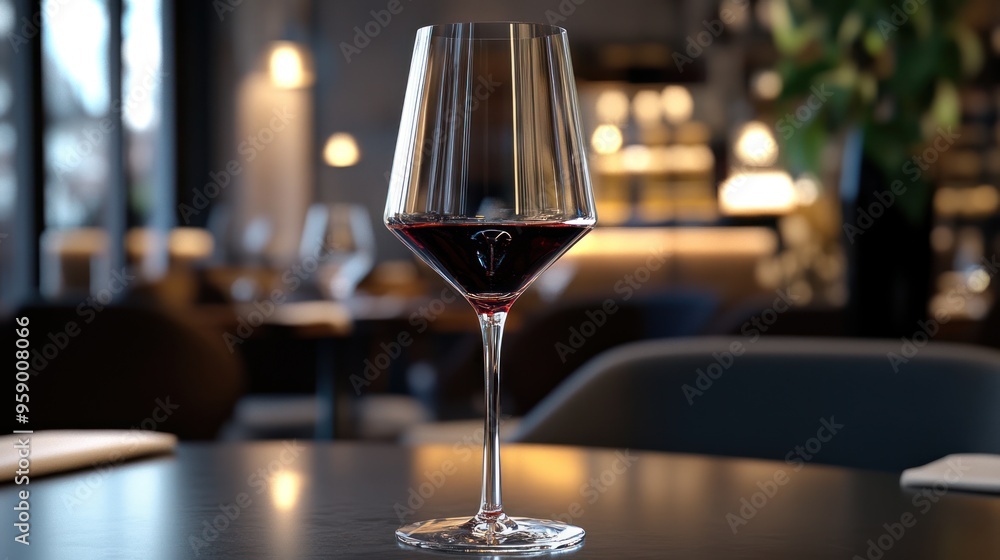 Modern Wine Glass in Upscale Restaurant Setting - A sleek wine glass with red wine, set in a contemporary restaurant environment. Perfect for luxurious dining and elegant atmospheres. Modern Wine Glass in Upscale Restaurant Setting - A sleek wine glass with red wine, set in a contemporary restaurant environment. Perfect for luxurious dining and elegant atmospheres.