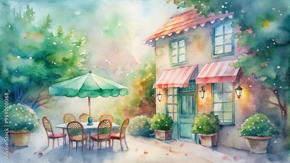 Obraz premium Charming outdoor cafe scene illustration in watercolor style with lush greenery 
