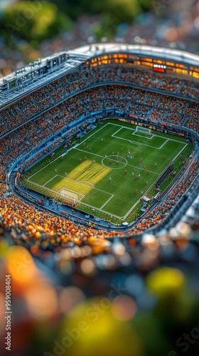 A vibrant soccer match in a futuristic stadium filled with excited fans, showcasing players in action on the field.