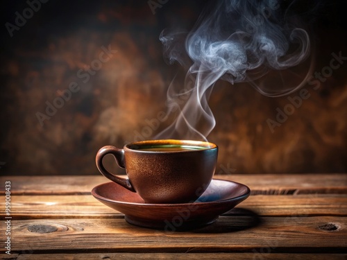 Steam rises from a rich, dark coffee filling a ceramic cup, adorned with a delicate handle, on a rustic wooden table against a blurred background.