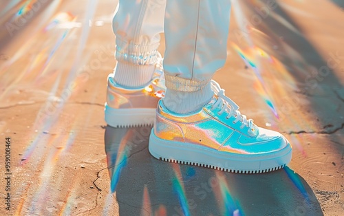 Trendy Holographic Sneakers Sparkling in Sunlight on Citysidewalk with Vibrant Rainbow Light Effects photo