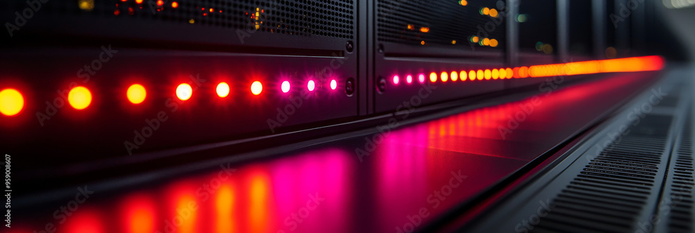 A row of red lights illuminate the bottom of a server rack, signifying activity within the data center. A row of red lights illuminate the bottom of a server rack, signifying activity within the data center.