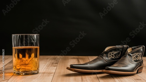 An acoustic guitar rests alongside stylish cowboy boots and a classic hat against a wooden surface, creating a true country vibe