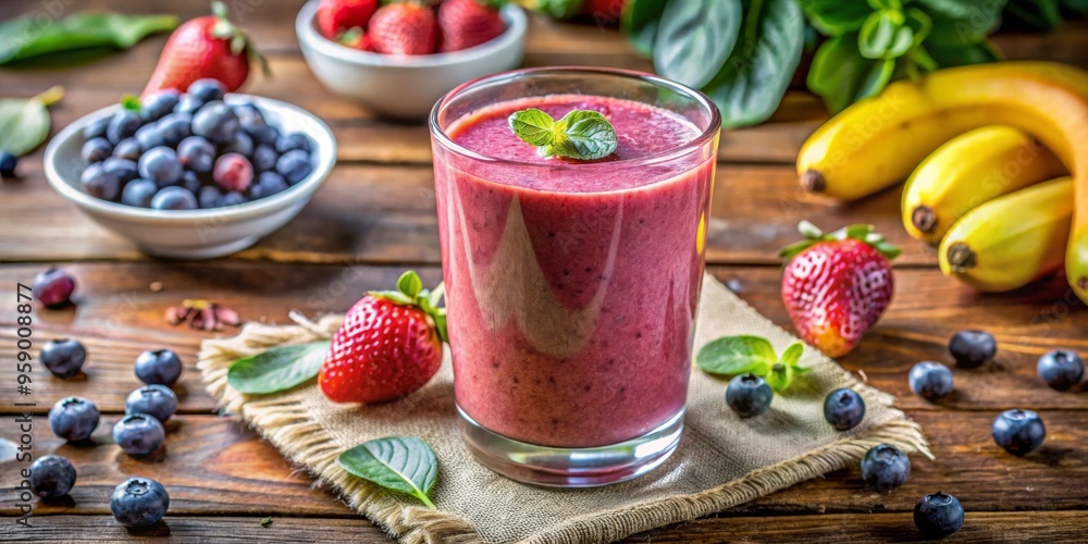 Strawberry, Blueberry, and Banana Smoothie in a Glass, rustic wood, fresh ingredients , healthy drink, smoothie recipe Strawberry, Blueberry, and Banana Smoothie in a Glass, rustic wood, fresh ingredients , healthy drink, smoothie recipe
